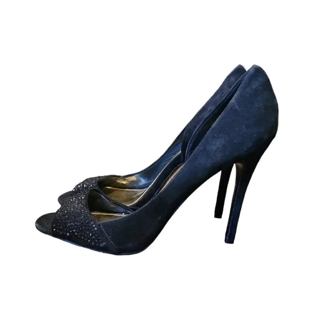 Coach Women’s Black Suede Heels Stilettos Peep Toe Black Rhinestones Sparkle 10